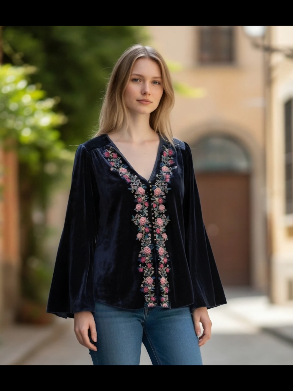 Sundance Velvet Traditions V-Neck Top with Floral Embroidery